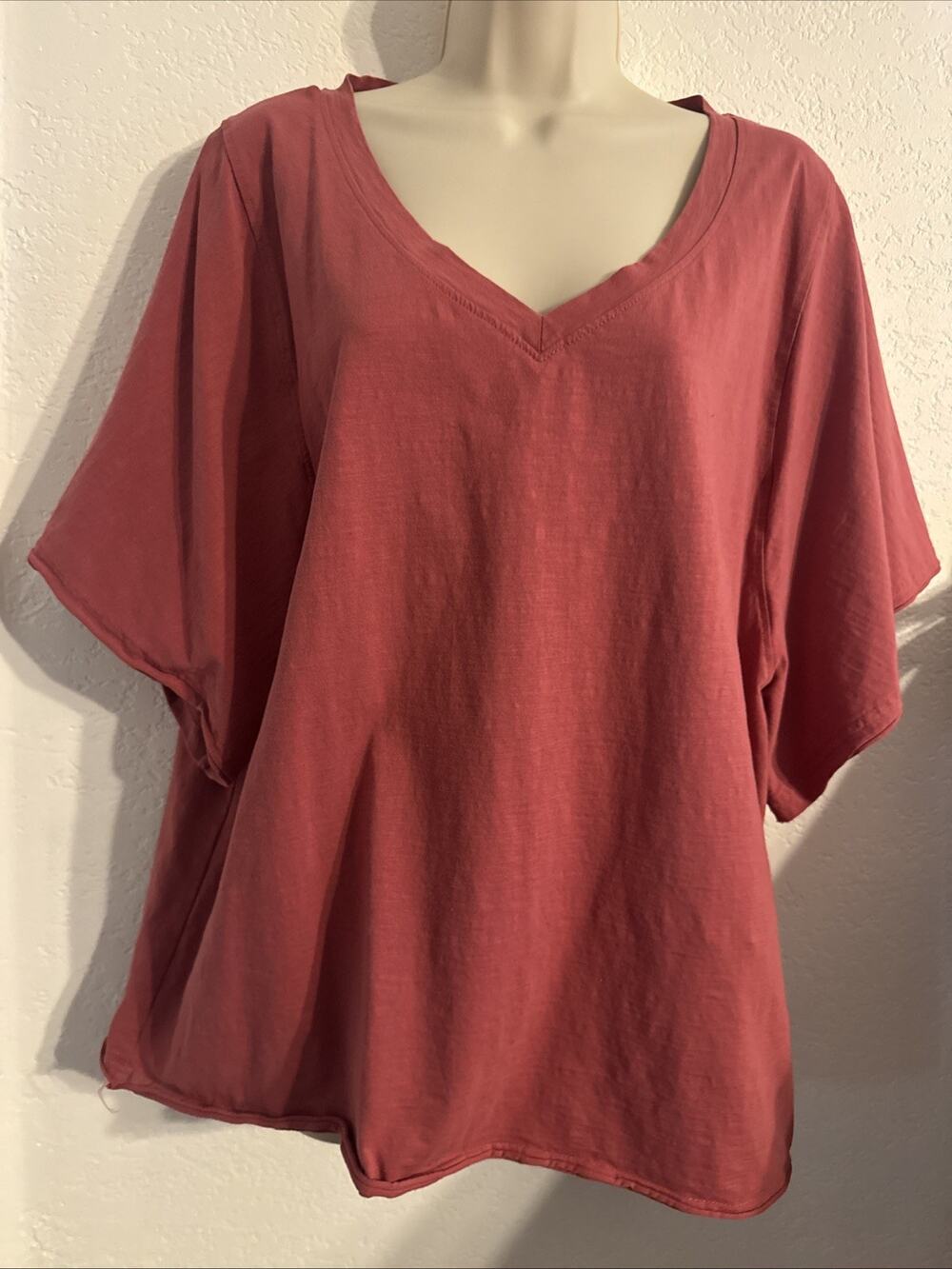 Women's Dolman V-Neck Short Sleeve Pink Mauve Knit T Size XL Bat Wing Wide Arms